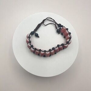 Vintage 90s Style Glass Barrel Bead Bracelet Orange & Black Cord Cuff Jewelry